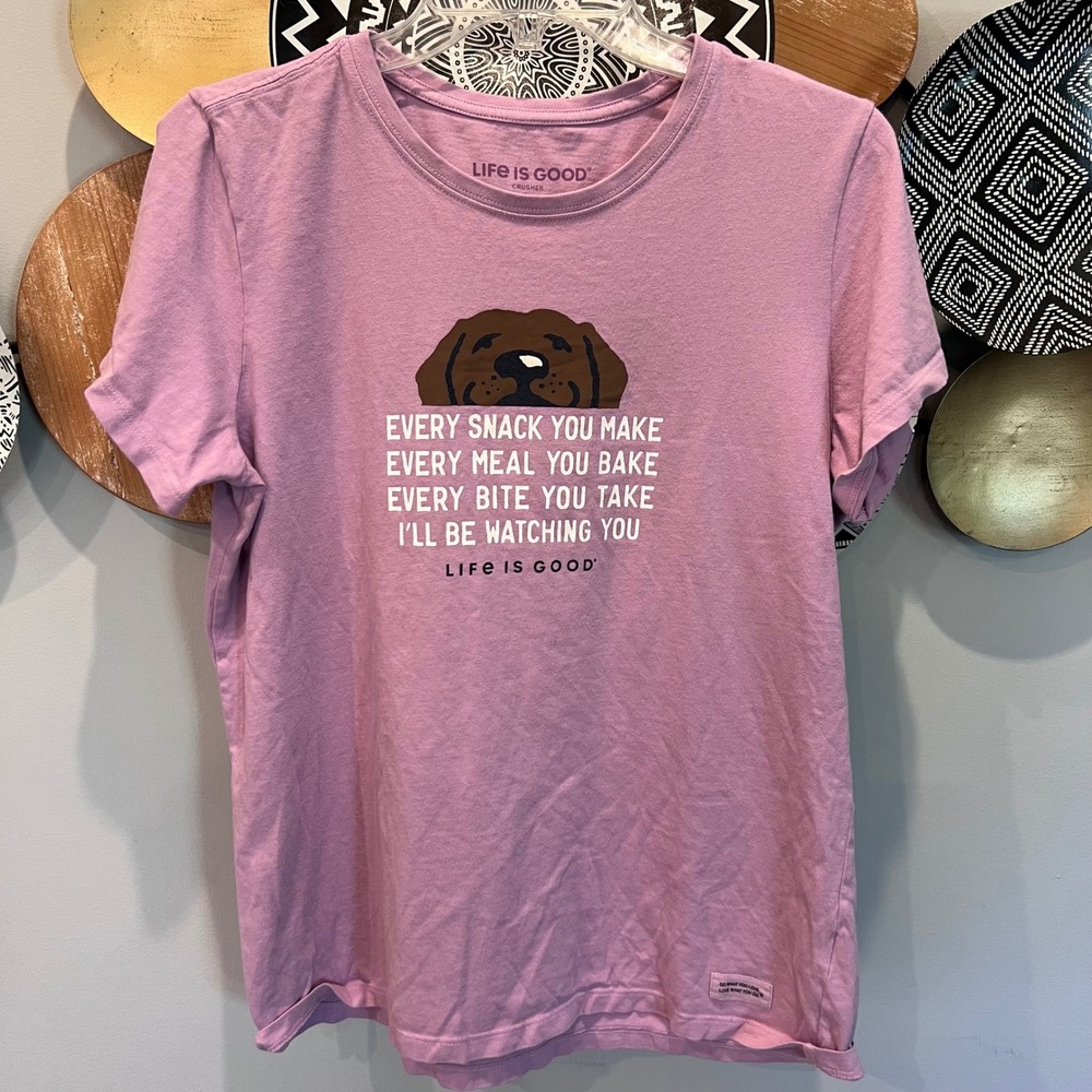 Life is Good Womens Crusher Tee Purple Dog Snack Watching You Graphic T-Shirt L